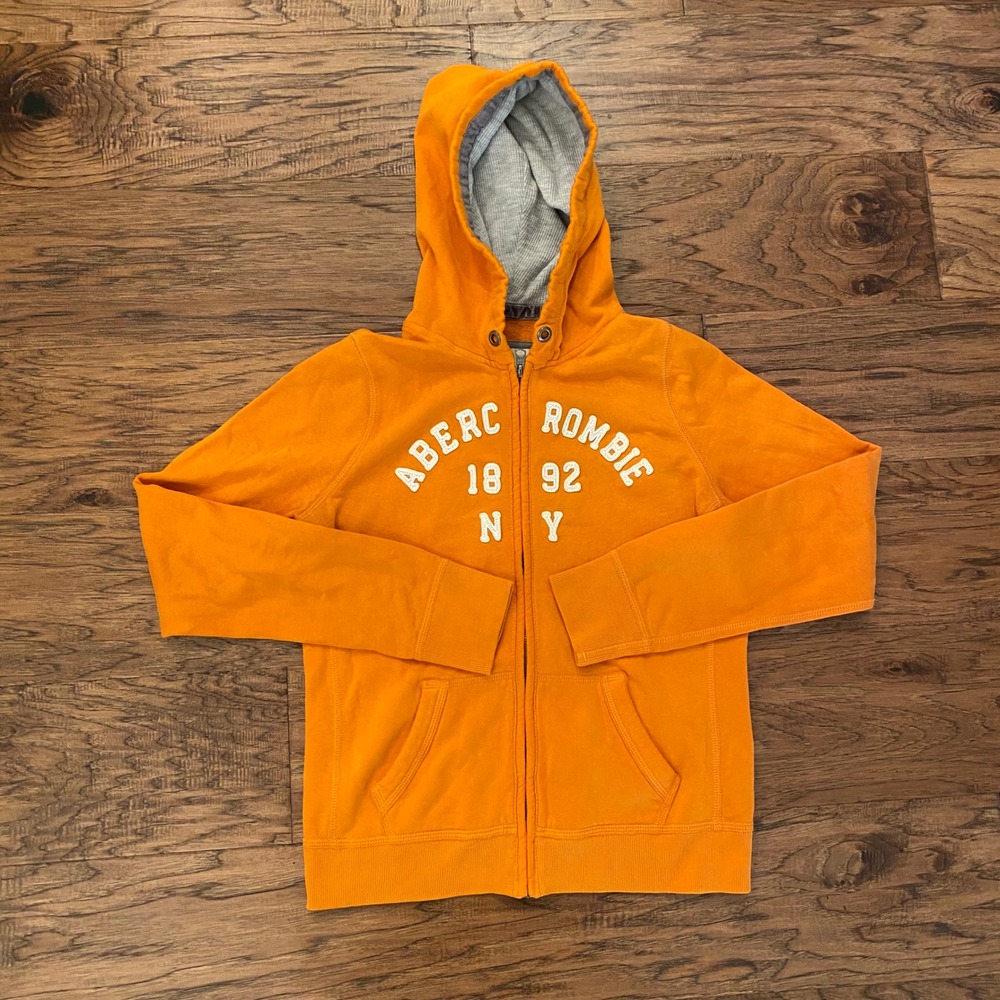 Y2K Abercrombie Full Zip Hoodie Mens Sz L Orange 1892 NY Fleece Sweatshirt